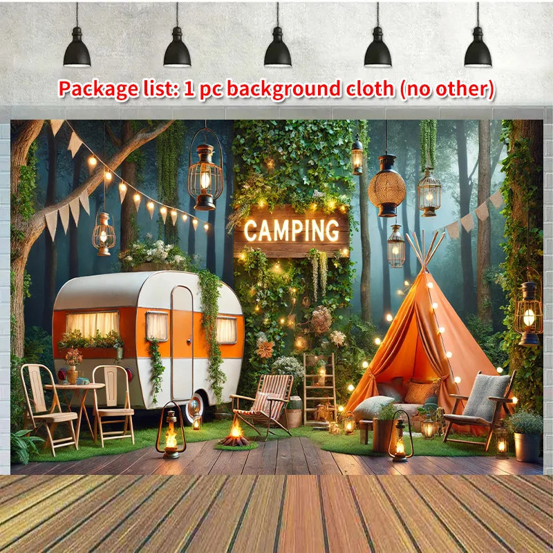 Camping forest scene background banner, multi-purpose photo background, with wall hanging signs, suitable for weddings