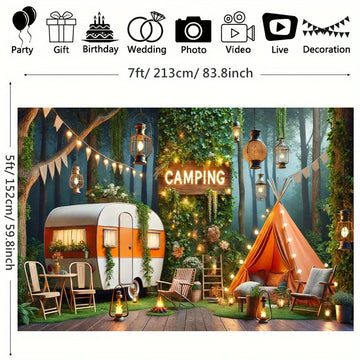 Camping forest scene background banner, multi-purpose photo background, with wall hanging signs, suitable for weddings