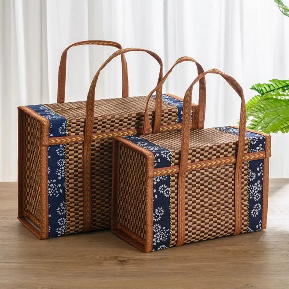 Camping Portable Storage Box Hand-Woven Basket Folding Bamboo Basket  Picnic Basket Pastoral Bamboo Woven Bamboo Products